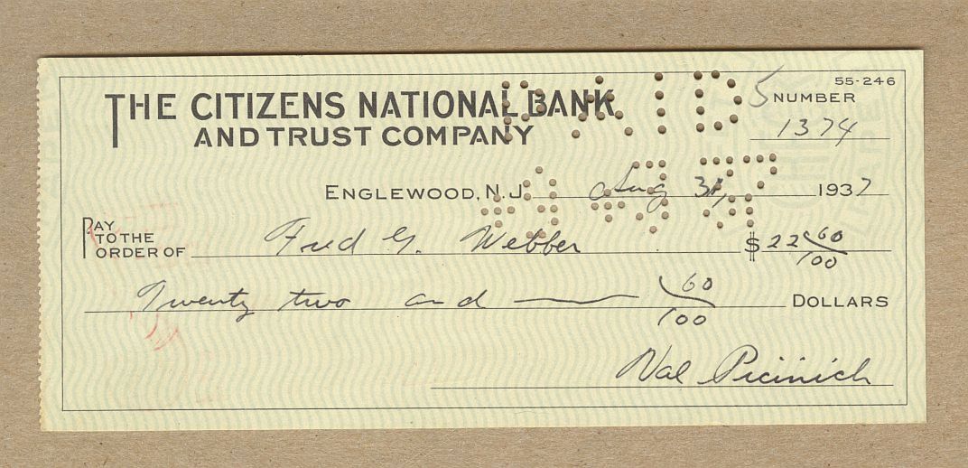 Val Picinich signed check D. 1942 Reds - Red Sox - Senators - Brooklyn Dodgers