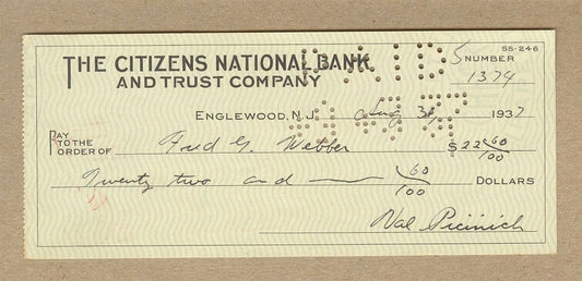 Val Picinich signed check D. 1942 Reds - Red Sox - Senators - Brooklyn Dodgers