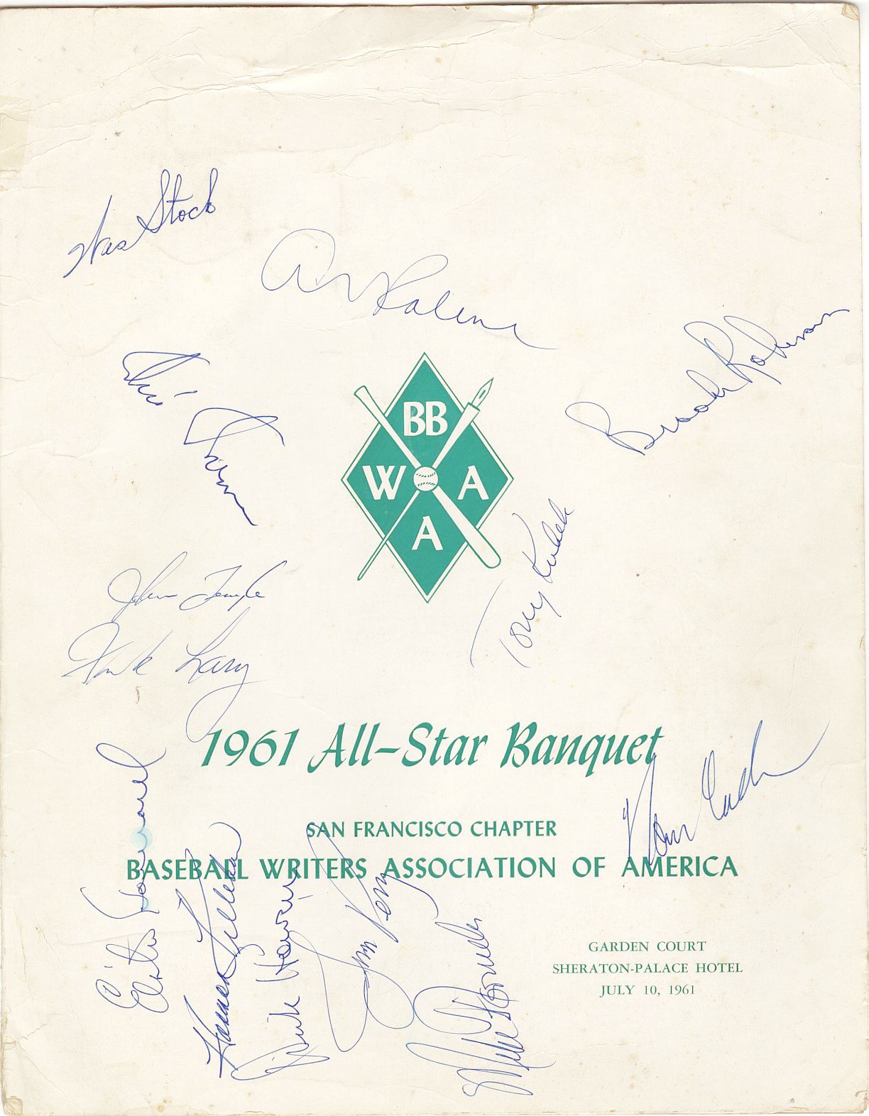1961 BBWAA All-Star Banquet Menu Multi-Signed by 14 /w Norm Cash Elston Howard