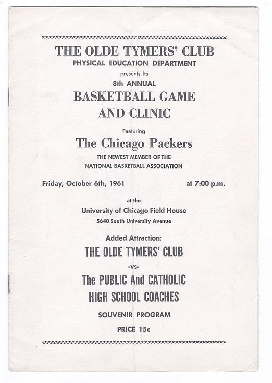 October 7, 1961 Chicago Packers – One Year NBA Team Charity Exhibition Game Program – Chicago Cubs