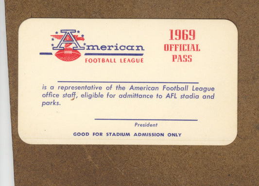 1969 AFL American Football Legue Official League Pass Ticket Final Season Valid For Rookie OJ Simpson, Charlie Joiner & John Madden Coaching Debut