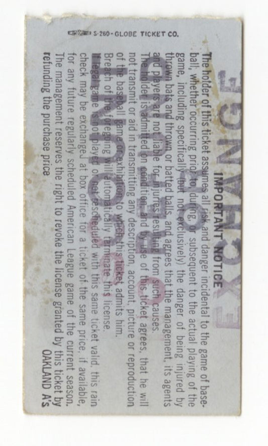 June 8, 1972 Oakland A’s vs Indians Mustache Day Father’s Day Ticket Stub