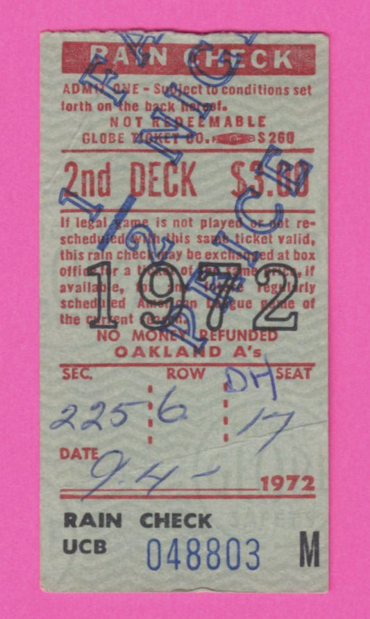 Nolan Ryan Win #45 – September 4, 1972 California Angels Oakland A's Ticket Stub