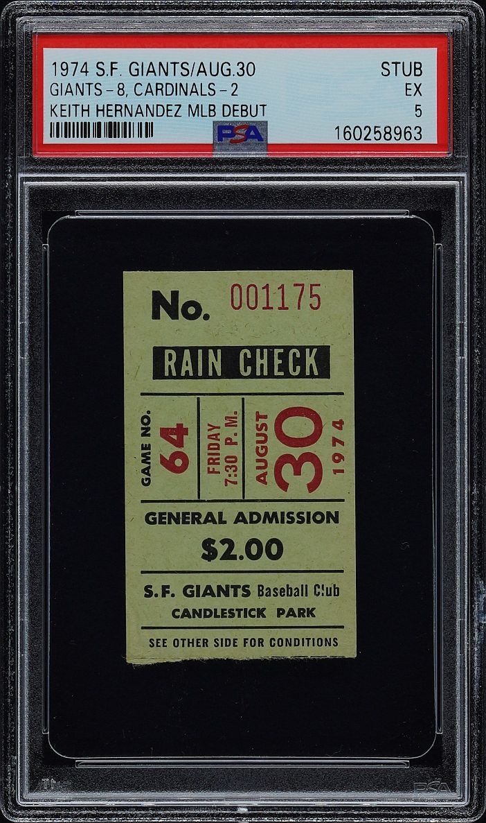 1974 Keith Hernandez Major League Debut August 30, 1974 SF Giants vs. Cardinals PSA 5
