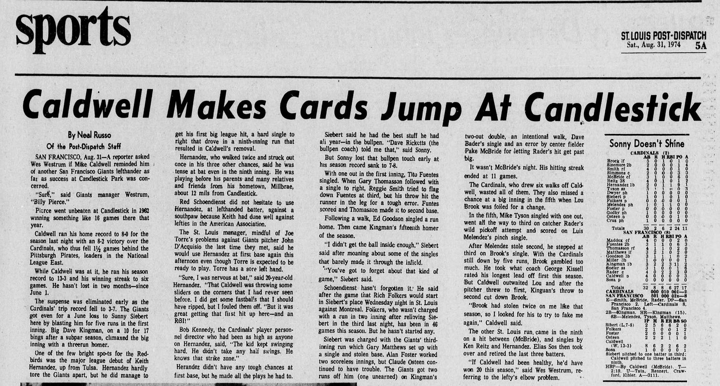 1974 Keith Hernandez Major League Debut August 30, 1974 SF Giants vs. Cardinals PSA 5