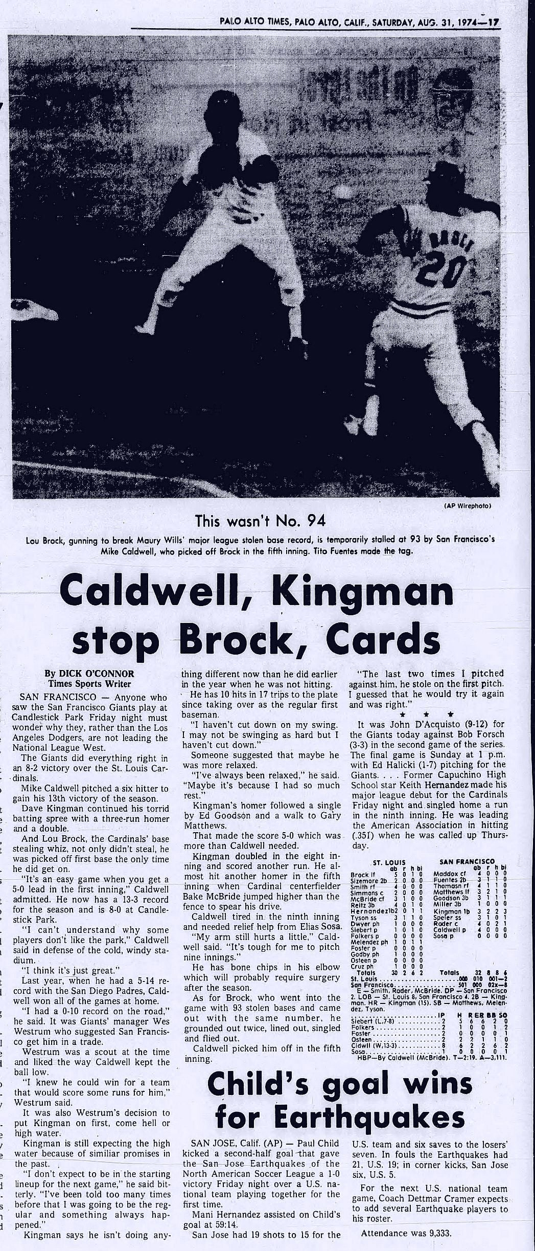 1974 Keith Hernandez Major League Debut August 30, 1974 SF Giants vs. Cardinals PSA 5