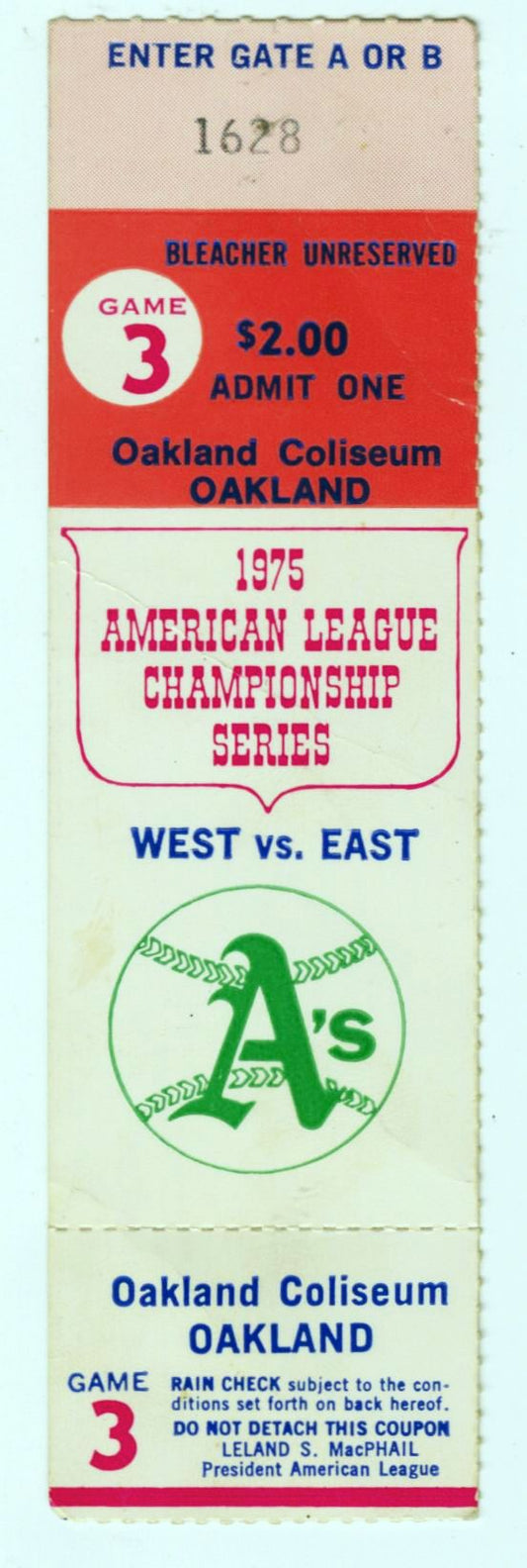 1975 ALCS Boston Red Sox vs. Oakland Athletics Game 3 Ticket – Red Sox Clinch the Pennant