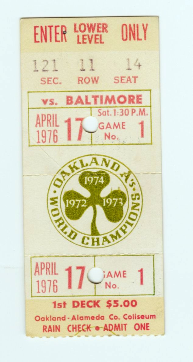 April 17, 1976 A’s vs Orioles Ticket Stub Jim Palmer 3 Hitter – Mexican BB HOF Legend - Andres Mora 1st MLB HR