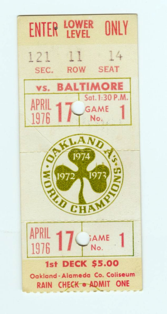 April 17, 1976 A’s vs Orioles Ticket Stub Jim Palmer 3 Hitter – Mexican BB HOF Legend - Andres Mora 1st MLB HR