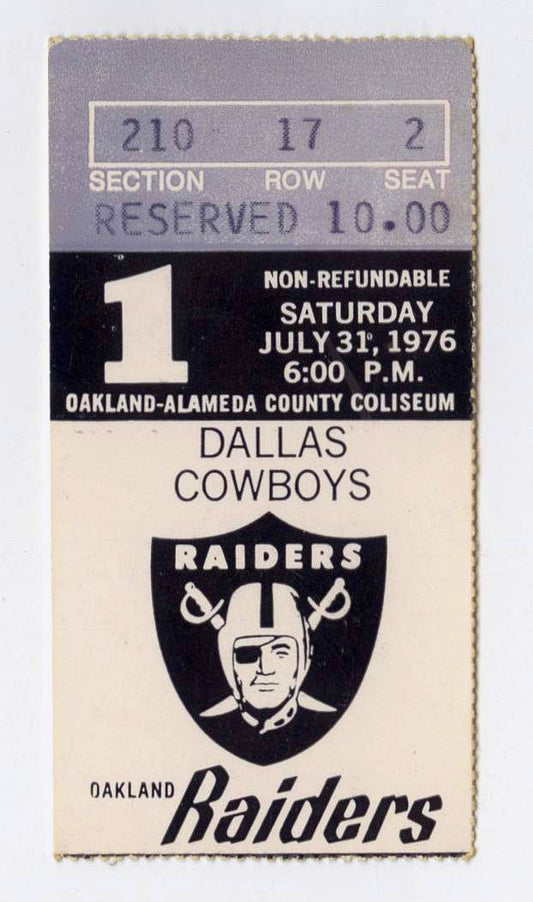 July 31, 1976 Oakland Raiders vs Dallas Cowboys Pre-Season Game 1 Ticket Stub
