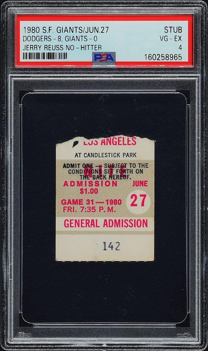 June 27, 1980 SF Giants vs. L.A. Dodgers – Jerry Reuss No-Hitter Ticket Stub PSA 4 (Highest Graded) Low Pop!