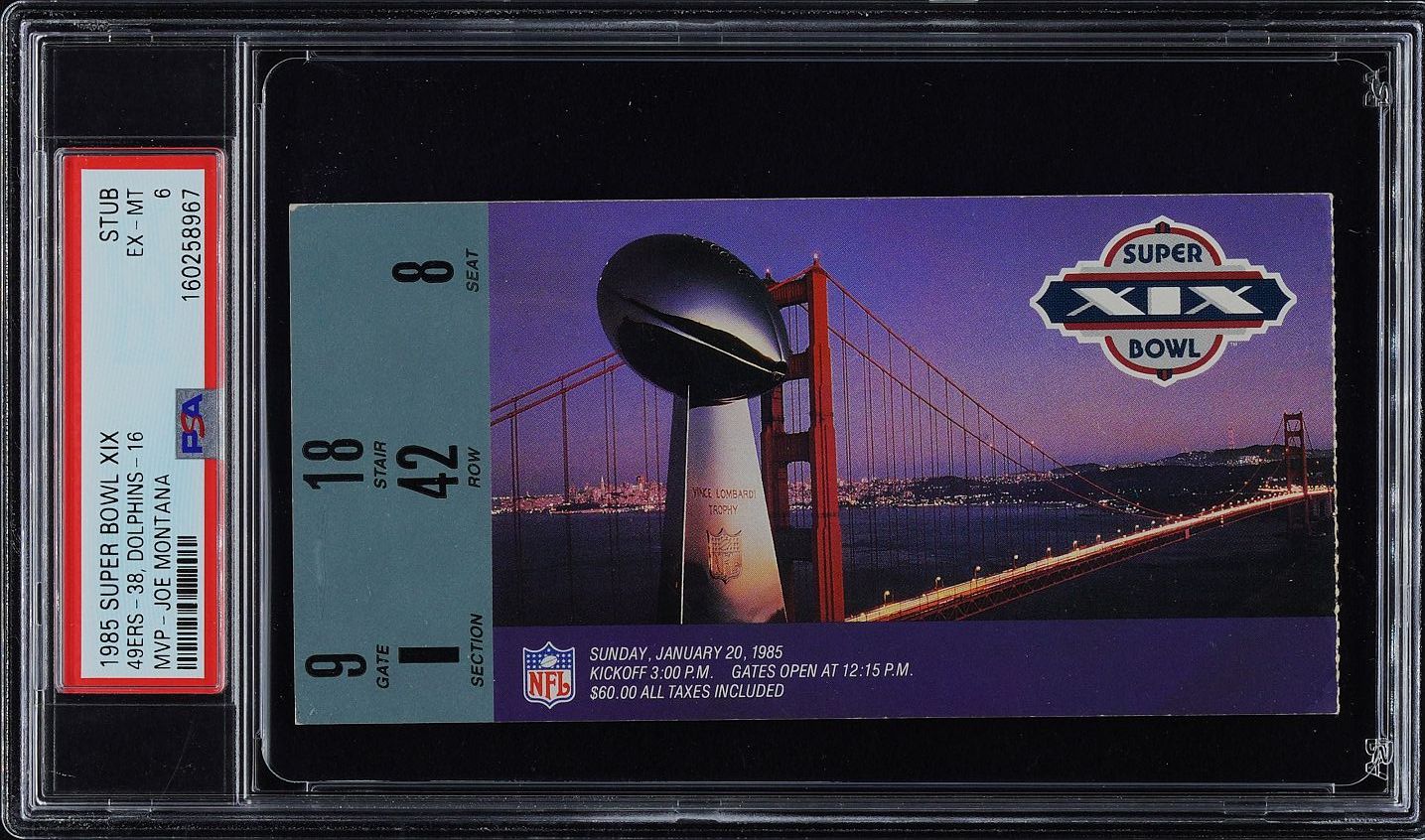 1985 Super Bowl XIX Ticket Stub San Francisco 49ers vs Miami Dolphins PSA 6 Joe Montana MVP