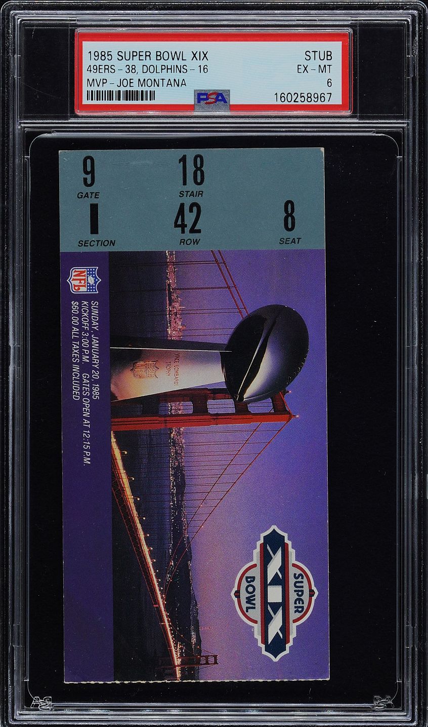 1985 Super Bowl XIX Ticket Stub San Francisco 49ers vs Miami Dolphins PSA 6 Joe Montana MVP