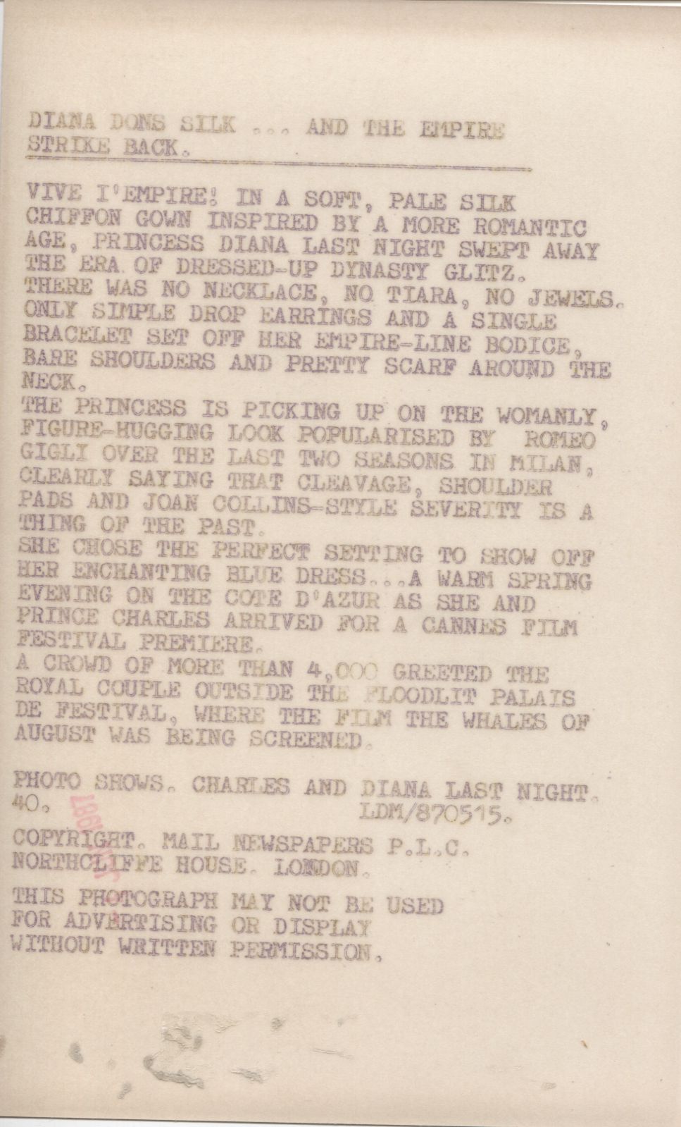 1987 Princess Diana & Prince Charles - The Empire Strikes Back Original Photo