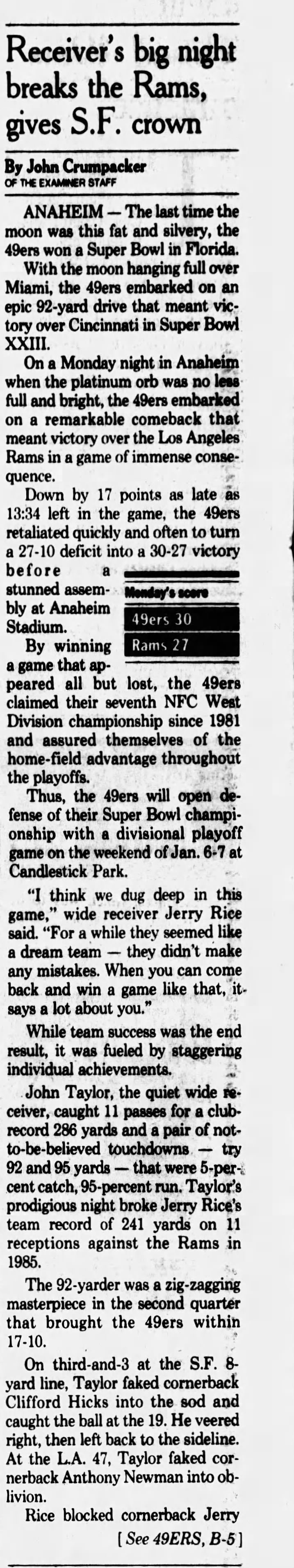 L.A. Rams vs San Francisco 49ers ticket stub. Dec 11, 1989 Rams Clinch NFC West – One of the Greatest Comebacks Ever!!