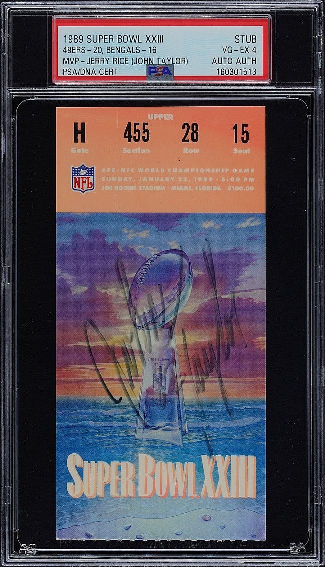 1989 SUPER BOWL 23 XXIII Ticket Stub Signed AUTO by John Taylor PSA Graded
