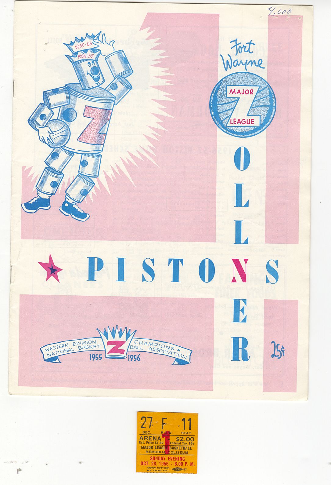 October 28, 1956 Ft. Wayne Pistons vs. Minneapolis Lakers Program & Ticket Stub – George Yardley 27 Pts. – Opening Night in Ft. Wayne