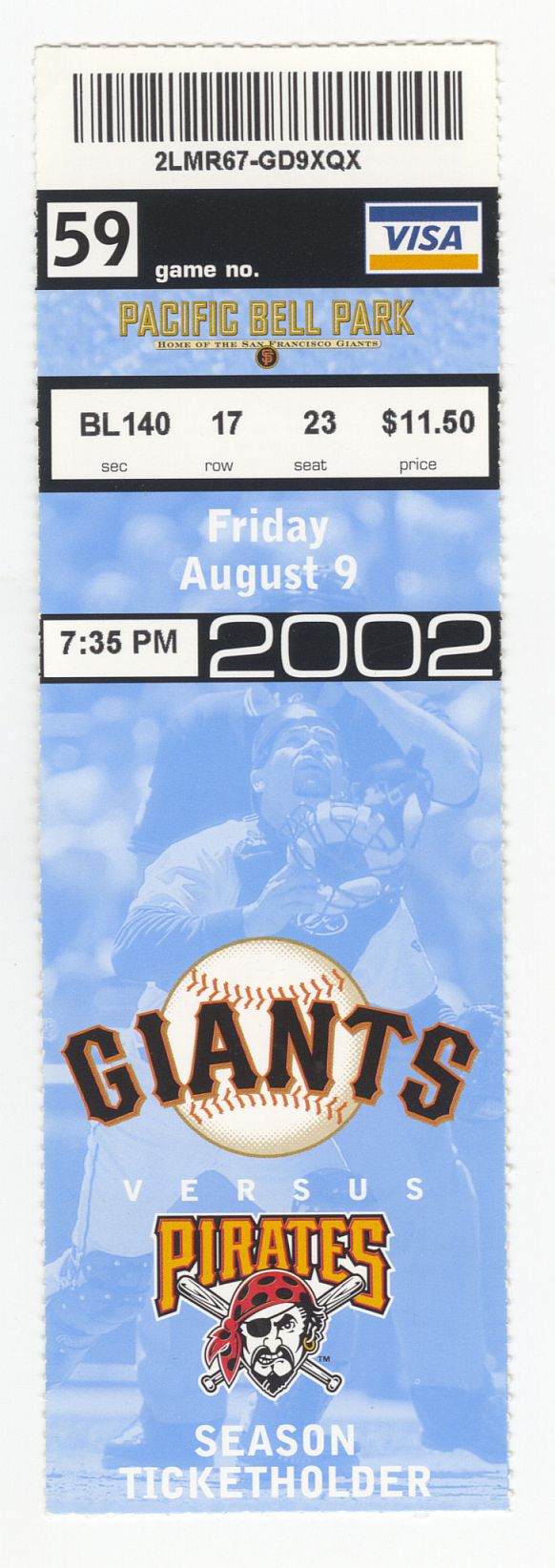 August 9, 2002 Barry Bonds 600 Home Run Ticket Stub Giants vs Pirates Historic!