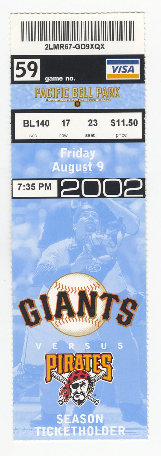August 9, 2002 Barry Bonds 600 Home Run Ticket Stub Giants vs Pirates Historic!