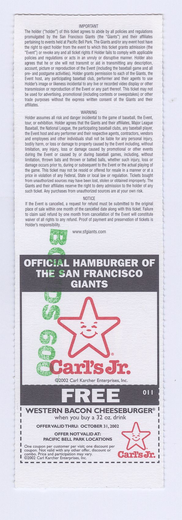 August 9, 2002 Barry Bonds 600 Home Run Ticket Stub Giants vs Pirates Historic!