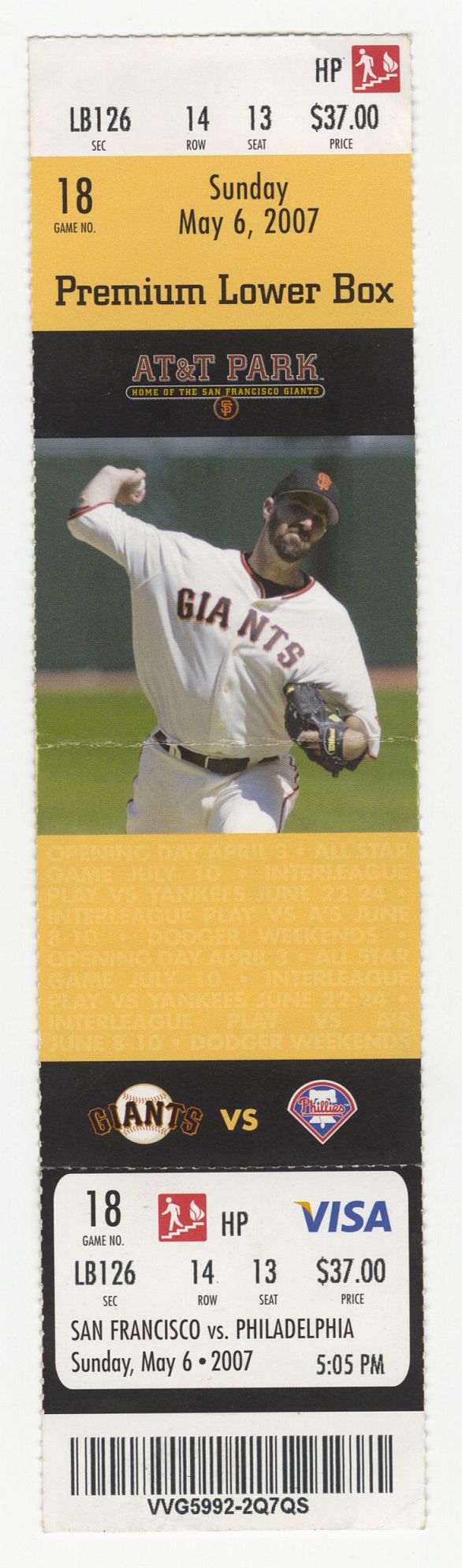 Tim Lincecum MLB Debut May 6, 2007 SF Giants vs Phillies Full Ticket 2 X CY Young Winner