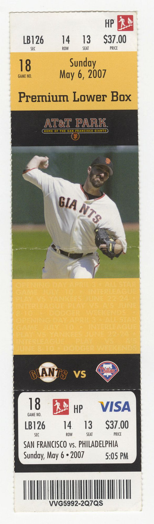 Tim Lincecum MLB Debut May 6, 2007 SF Giants vs Phillies Full Ticket 2 X CY Young Winner