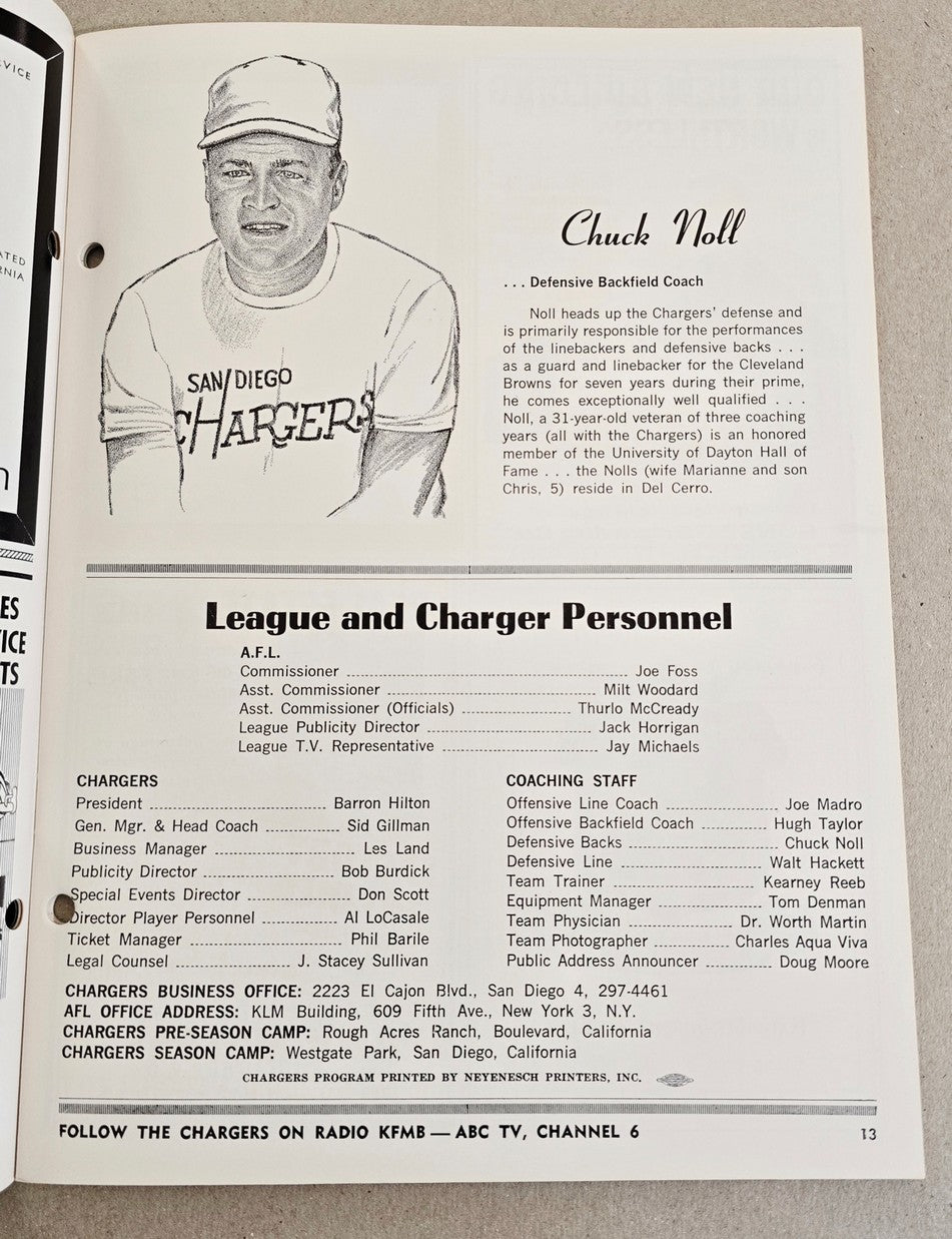 1963 San Diego Chargers vs. Oakland Raiders AFL football program October 27th NR MT-MT