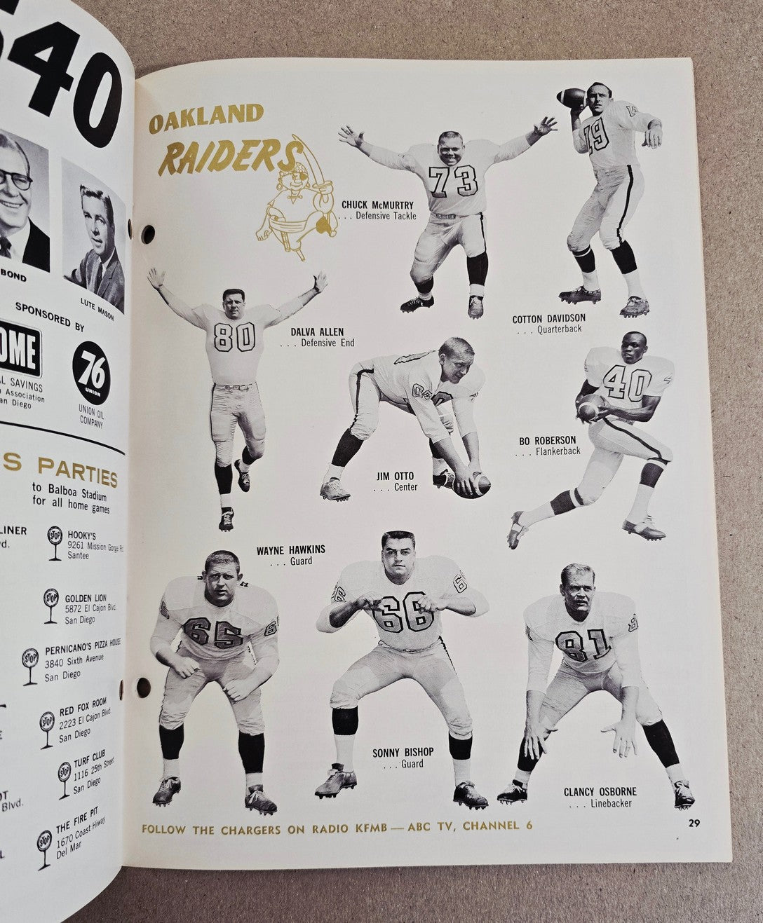 1963 San Diego Chargers vs. Oakland Raiders AFL football program October 27th NR MT-MT