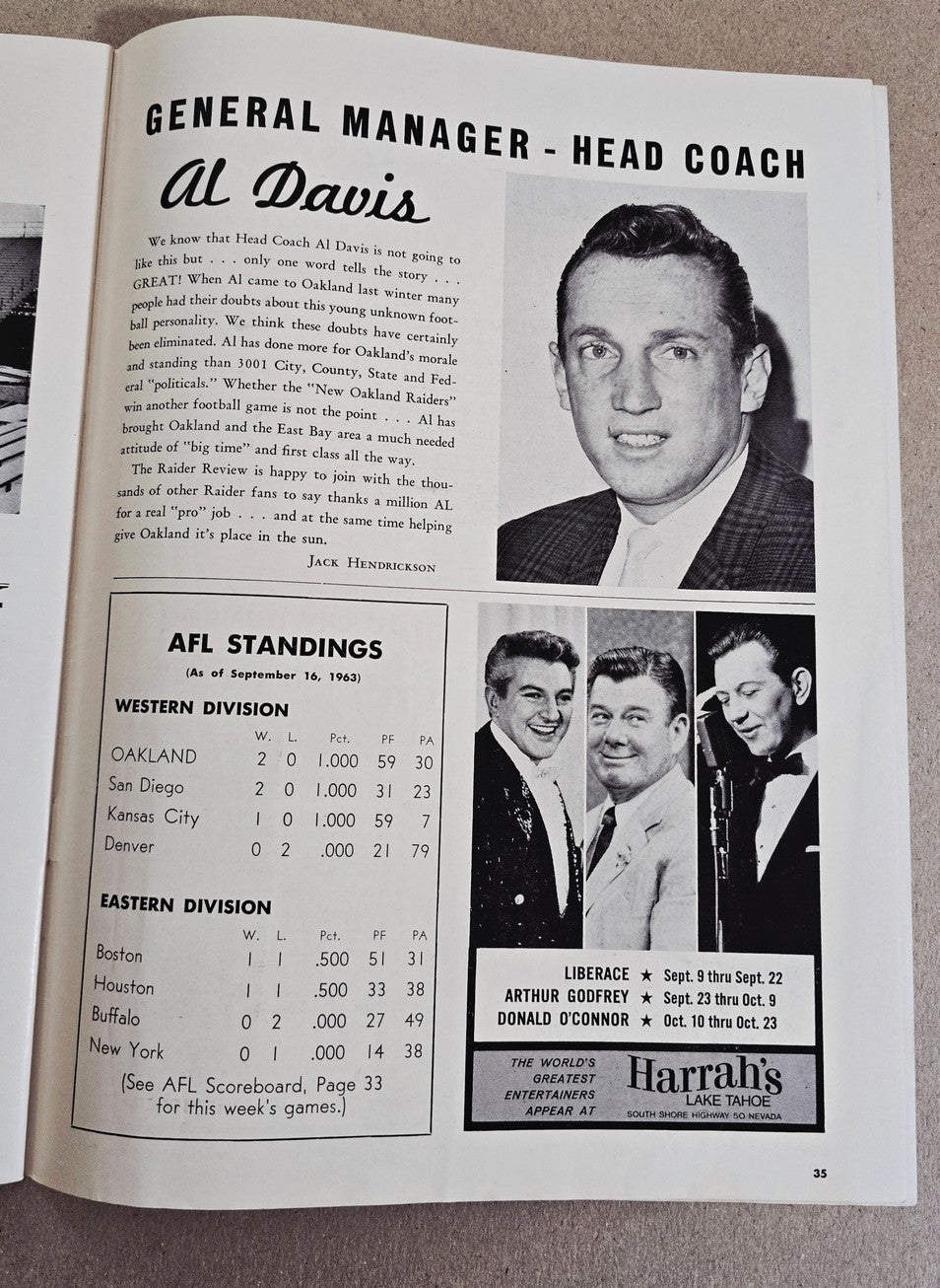 September 22, 1963 Oakland Raiders vs Boston Patriots AFL Football Game Program