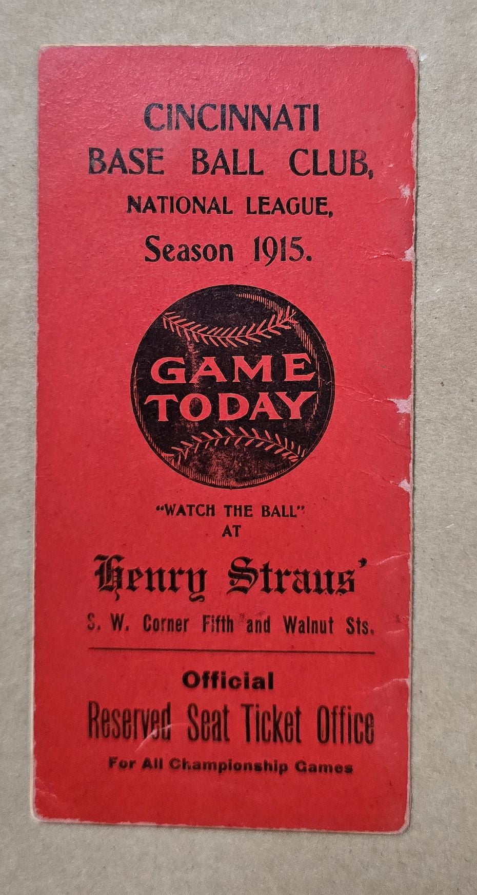 1915 Cincinnati Reds Major League Baseball Schedule Book by Henry Straus Cigars