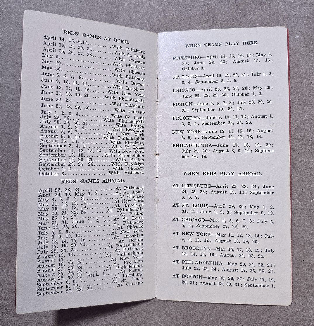 1915 Cincinnati Reds Major League Baseball Schedule Book by Henry Straus Cigars