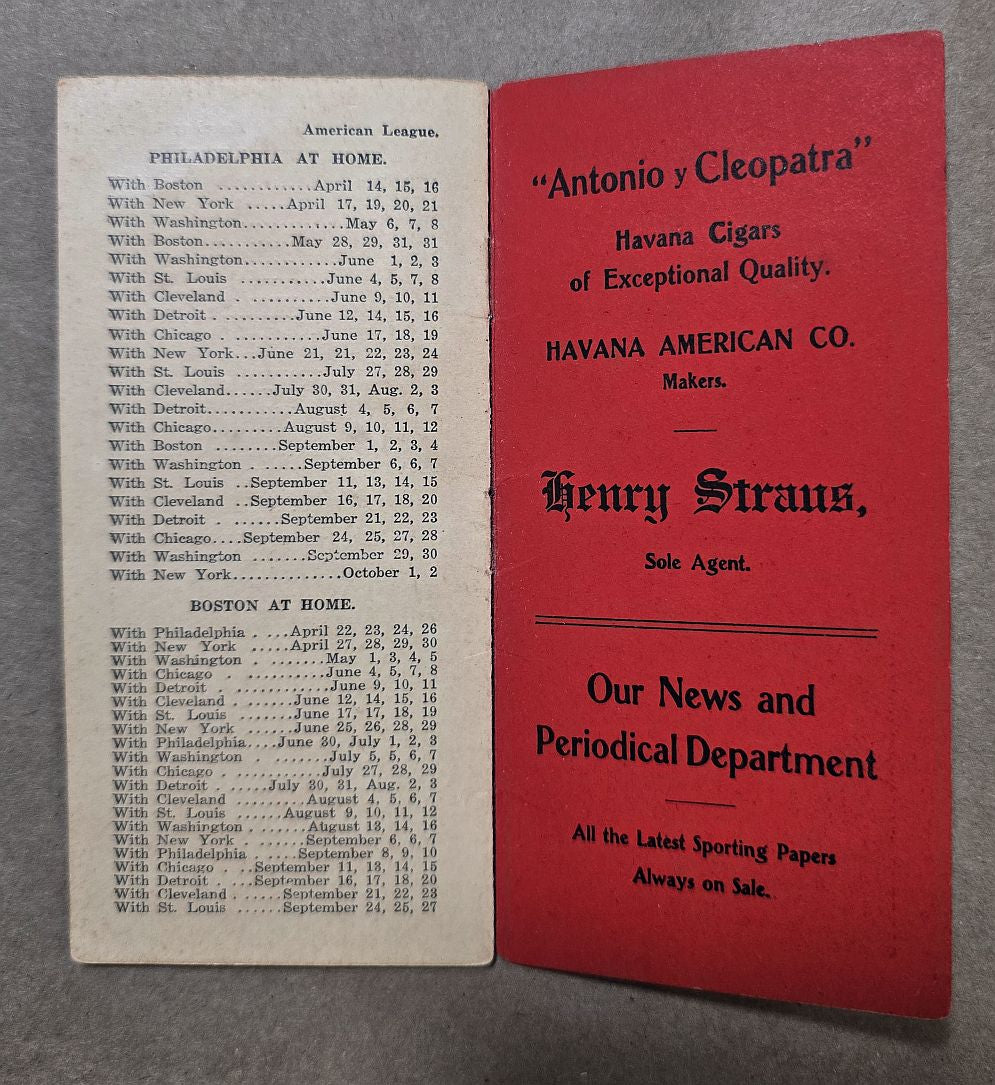 1915 Cincinnati Reds Major League Baseball Schedule Book by Henry Straus Cigars