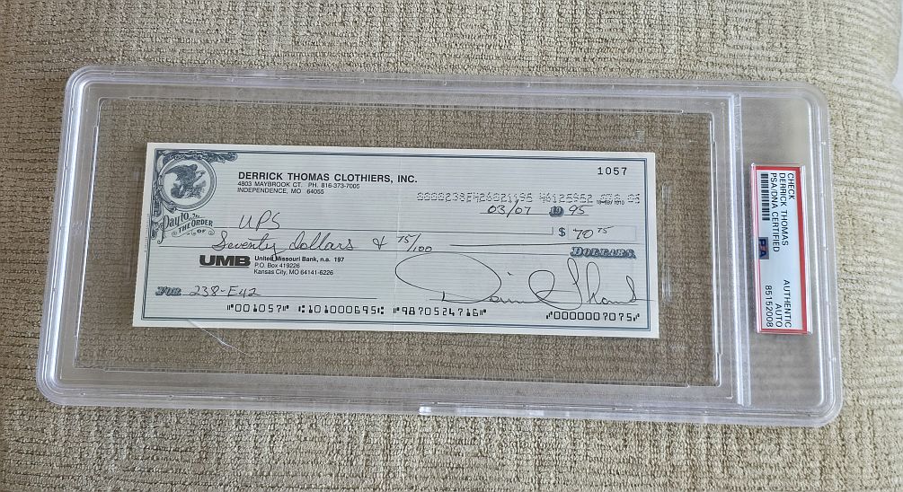 Derrick Thomas Signed AUTO Personal Check - KC Chiefs Football HOF PSA/DNA
