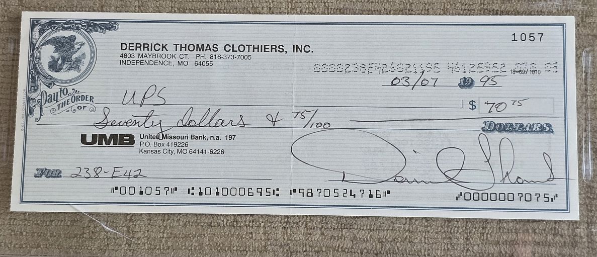 Derrick Thomas Signed AUTO Personal Check - KC Chiefs Football HOF PSA/DNA