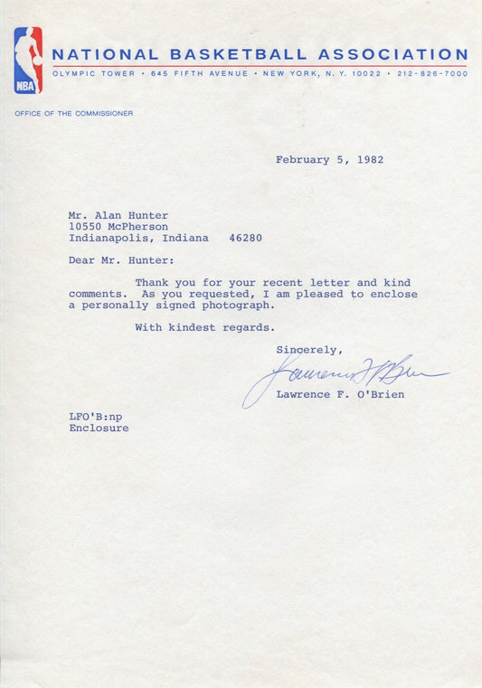 Lawrence Larry O'Brien typed letter signed NBA Commissioner Basketball HOF