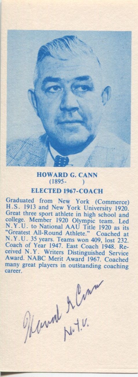 Howard Cann signed Basketball HOF issued bookmark