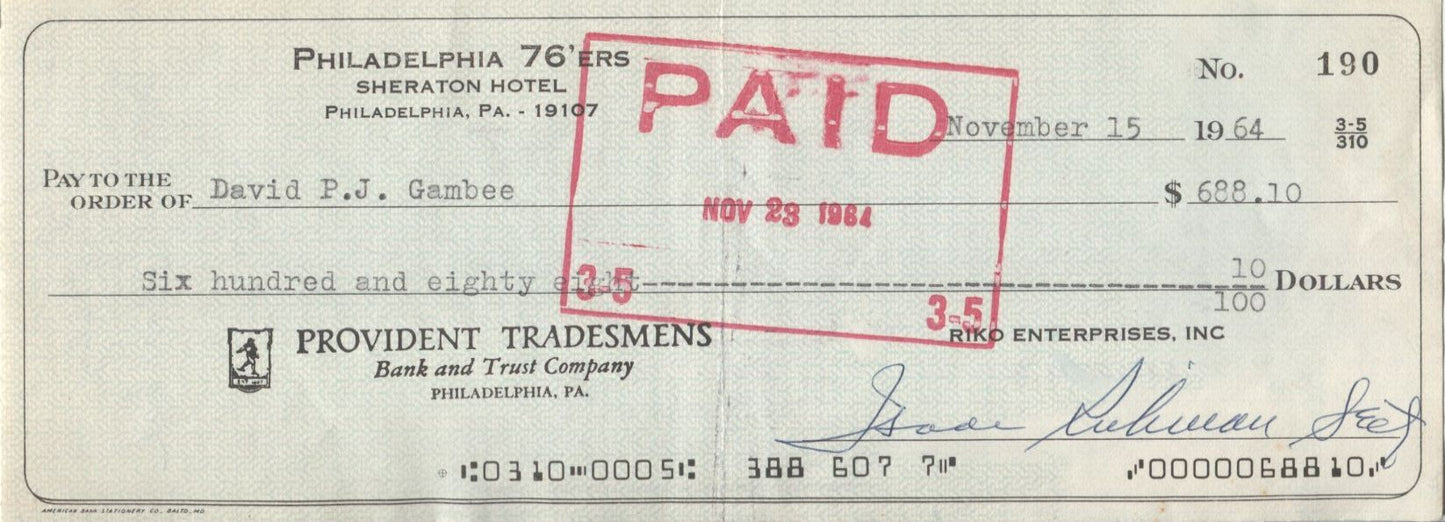 David Gambee & Ike Richman Signed Payroll check