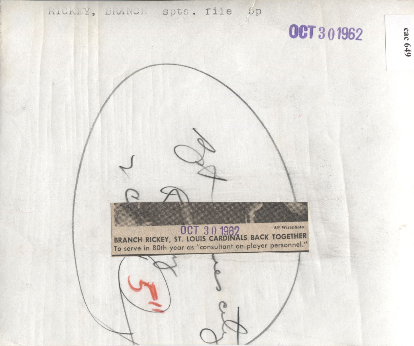 Branch Rickey original 1962 photo - Baseball HOF