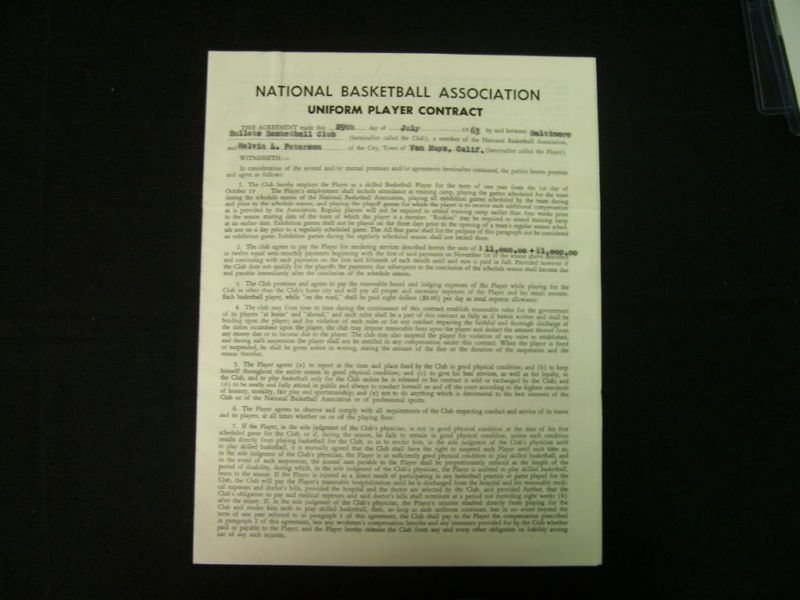 MEL PETERSON 1963 NBA BALTIMORE BULLETS SIGNED PLAYERS CONTRACT
