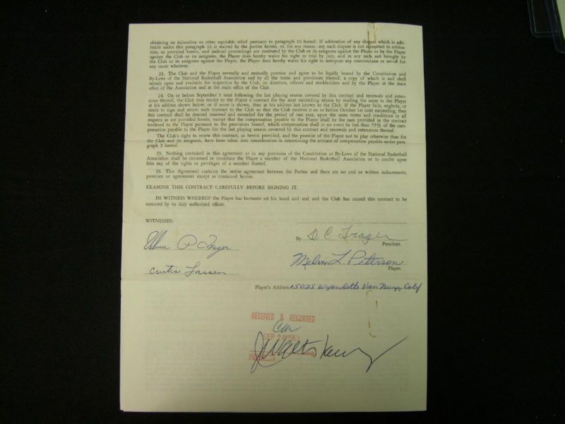 MEL PETERSON 1963 NBA BALTIMORE BULLETS SIGNED PLAYERS CONTRACT