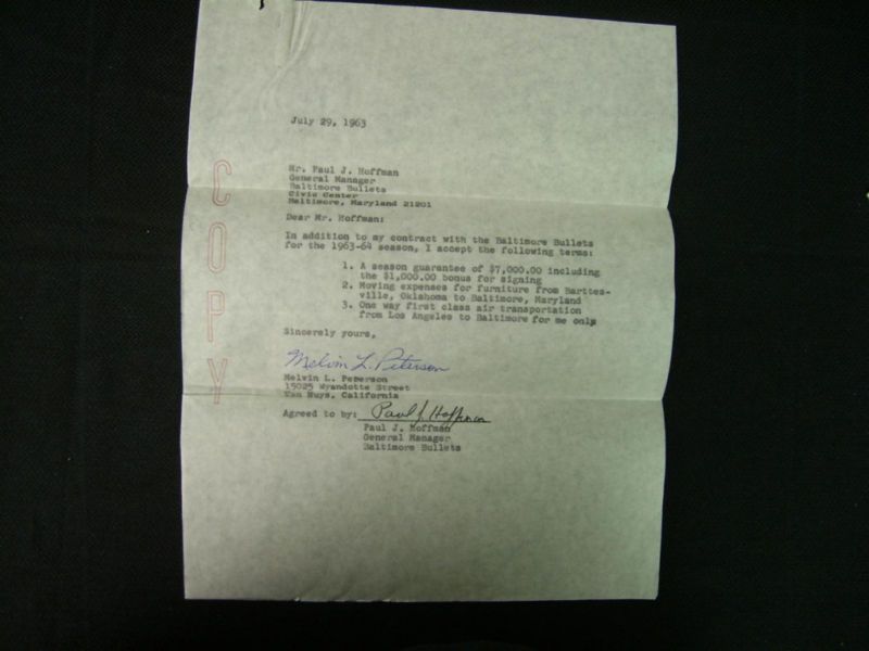 MEL PETERSON 1963 NBA BALTIMORE BULLETS SIGNED PLAYERS CONTRACT