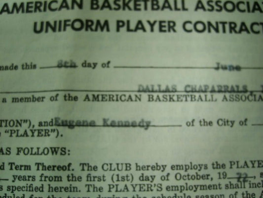 EUGENE "GOO" KENNEDY 1972 ABA DALLAS CHAPPARALS SIGNED PLAYERS CONTRACT