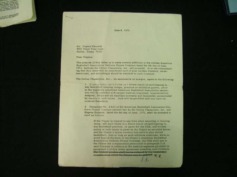 EUGENE "GOO" KENNEDY 1972 ABA DALLAS CHAPPARALS SIGNED PLAYERS CONTRACT