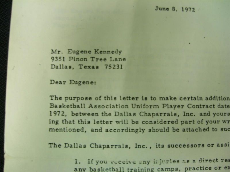 EUGENE "GOO" KENNEDY 1972 ABA DALLAS CHAPPARALS SIGNED PLAYERS CONTRACT