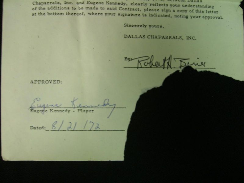 EUGENE "GOO" KENNEDY 1972 ABA DALLAS CHAPPARALS SIGNED PLAYERS CONTRACT