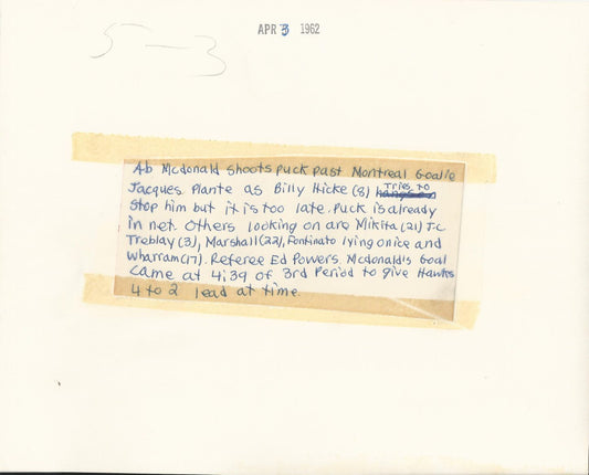 1962 Stanley Cup Finals Jacques Plante - Stan Mikita original photo