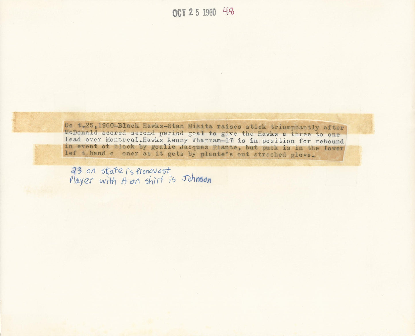 Stan Mikita celebrates a score on Jacques Plante original 1960 photo