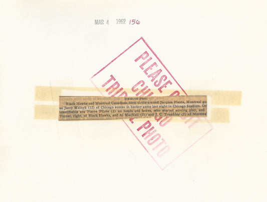 Jacques Plante surrounded by Hawks and Canadiens with Pilote original 1962 photo