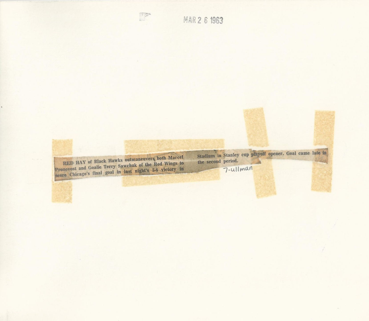 Terry Sawchuk - Provost - Red Hay original 1963 Stanley Cup photo