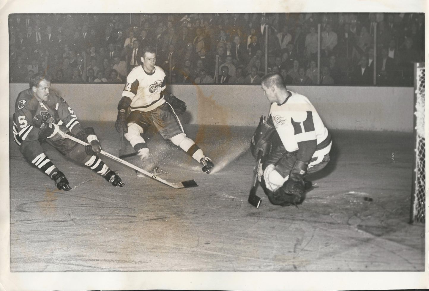 Terry Sawchuk trying to defend goal Original 1961 photo